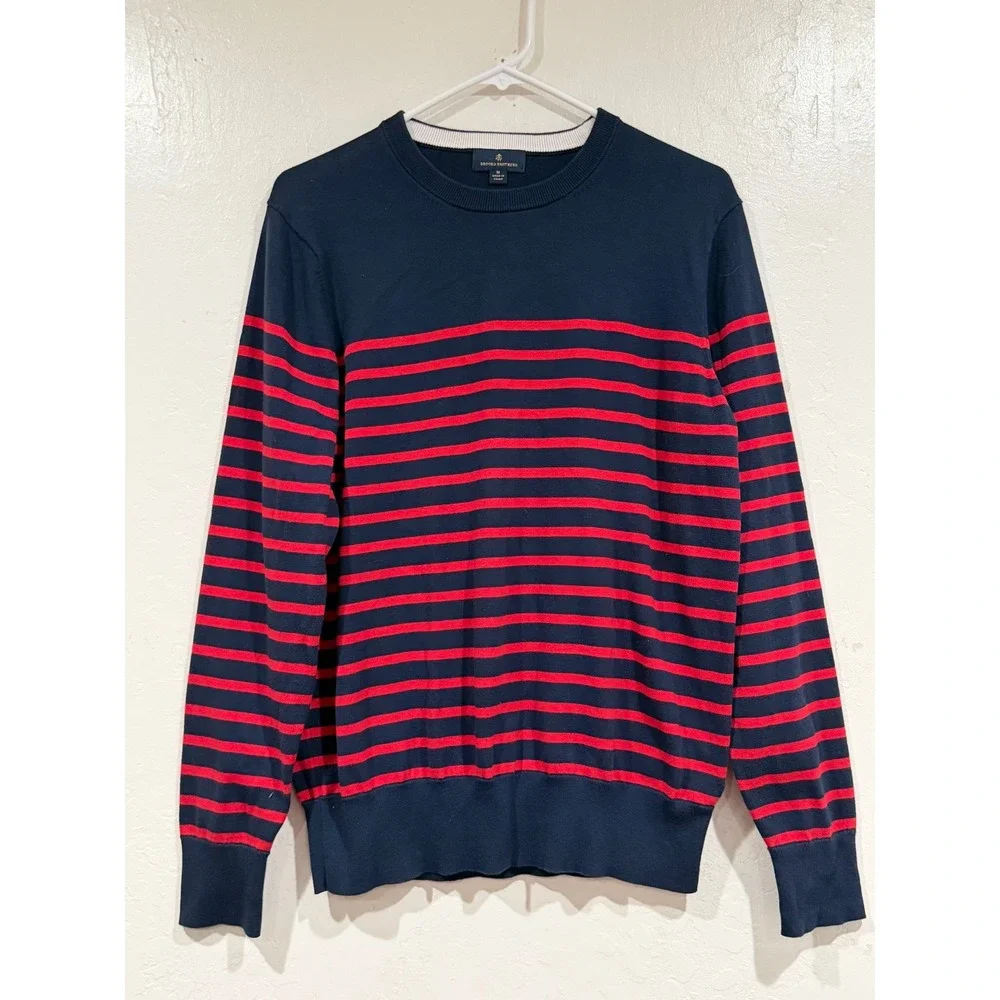 Brooks Brothers Mens Navy Blue Red Striped Combed Cotton Crewneck Sweater Size M